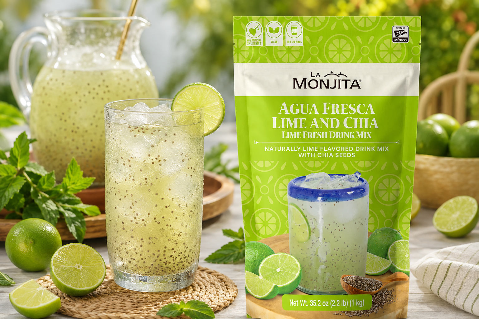 Lime and chia agua fresca (limonada con chía) in a tall glass with fresh lime