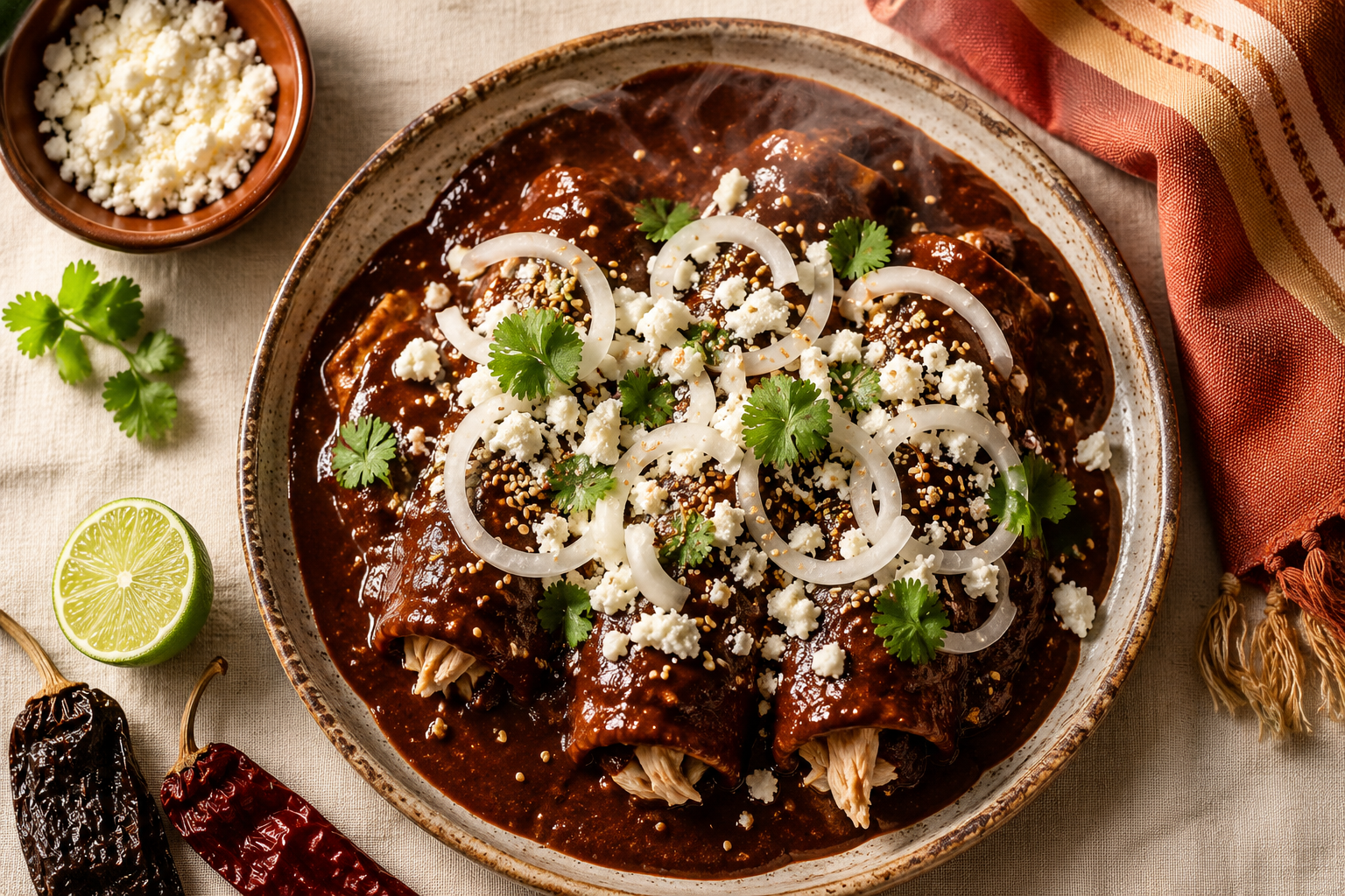 Chicken enmoladas smothered in La Monjita Mole Poblano sauce and topped with sesame seeds