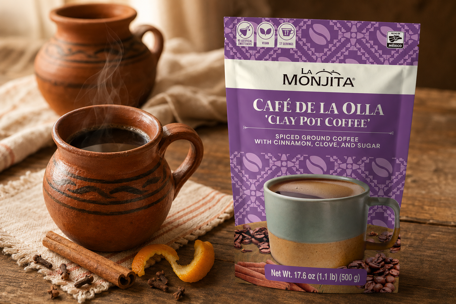 Café de la Olla brewed with cinnamon and piloncillo, served in a traditional clay mug