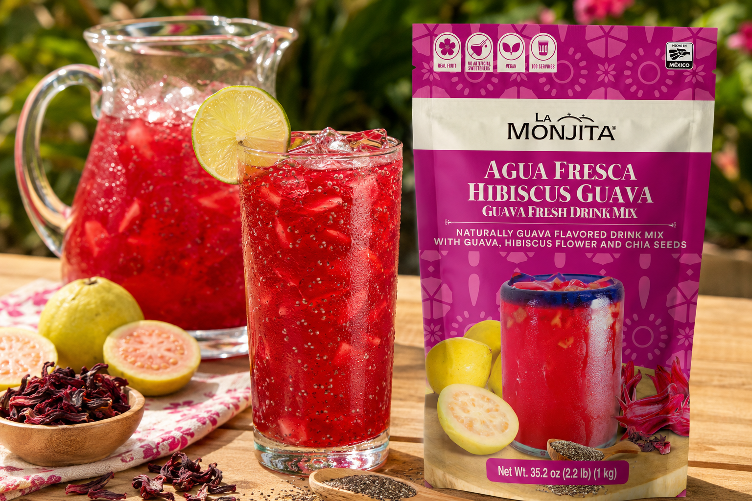Hibiscus-guava agua fresca served over ice, made with La Monjita Hibiscus Guava